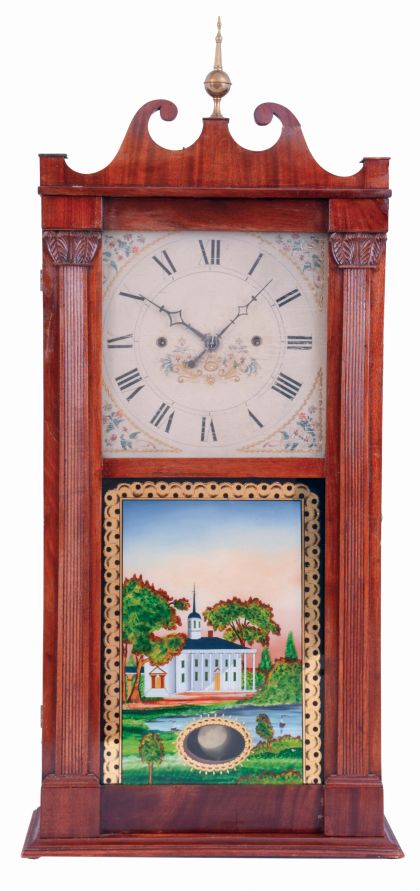 Jerome, Darrow & Co., Bristol, Conn., 30 hours, time and strike, weight driven wood movement, reeded pilaster & scroll top mahogany shelf clock, c1826