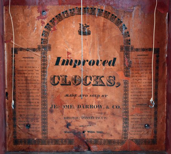Jerome, Darrow & Co., Bristol, Conn., 30 hours, time and strike, weight driven wood movement, reeded pilaster & scroll top mahogany shelf clock, c1826