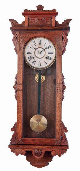Ansonia Clock Co., New York, NY, "Forrest" 8 days, time and strike, spring brass movement wall clock, c1904