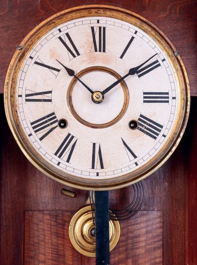 Ansonia Clock Co., New York, NY, "Forrest" 8 days, time and strike, spring brass movement wall clock, c1904
