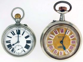 Pocket watches- 2 (Two): An 18 size, 15 jewel Longines, Roman numeral white enamel dial, nickel open face Longines case, and an oversized "Chemin De Fer", 11 jewel Roskopf movement, multicolor metal dial, nickel open face case