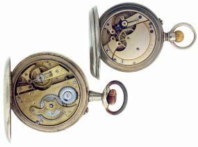 Pocket watches- 2 (Two): An 18 size, 15 jewel Longines, Roman numeral white enamel dial, nickel open face Longines case, and an oversized "Chemin De Fer", 11 jewel Roskopf movement, multicolor metal dial, nickel open face case