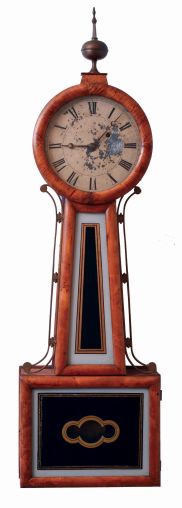 Attleboro, Mass., style banjo wall clock, 8 days, time only, weight driven movement with a maple or light mahogany case with a painted metal dial and reverse painted throat and lower tablets, c1860