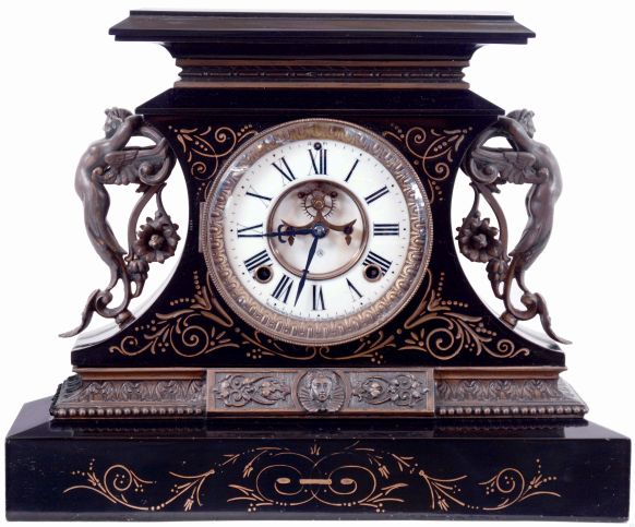 Ansonia Clock Co., New York, NY, "Rosalind" enameled iron case mantel clock with a spring driven, 8 days, time and hour/half-hour strike movement with a visible escapement, c1904.