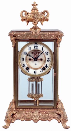 Ansonia Clock Co., New York, NY, "Crown" Crystal Regulator mantel clock with a spring driven, 8 days, time and hour/half-hour strike (rack and snail) movement and a visible escapement, c1914.