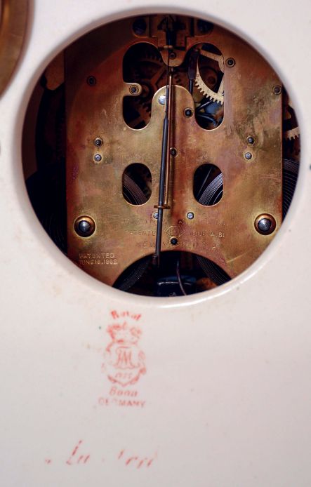 Ansonia Clock Co., New York, NY, "La Nord" porcelain shelf clock in a Royal Bonn case with a spring driven, 8 days, time and hour/half-hour strike movement with visible escapement, c1904.