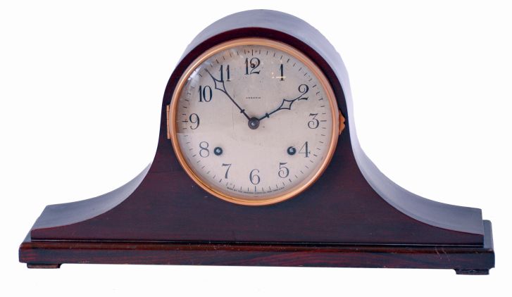 Ansonia Clock Co., New York, NY, "Dayton" mahogany, 8 days, "dual chime tone strike" tambour mantel clock, c1926