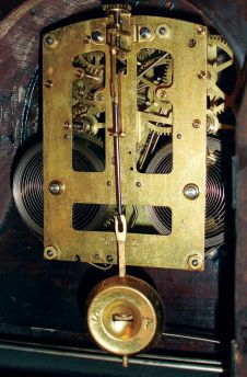 Ansonia Clock Co., New York, NY, "Dayton" mahogany, 8 days, "dual chime tone strike" tambour mantel clock, c1926