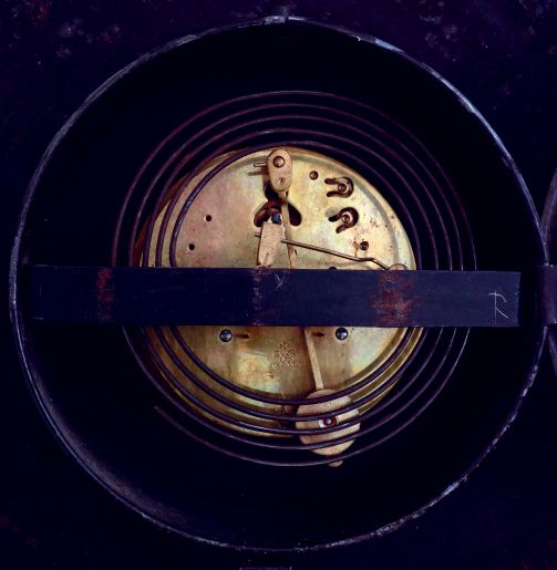 French pressed iron multicolor painted, 8 days, time and strike, wall clock with Japy Freres tic-tac movement, c1910