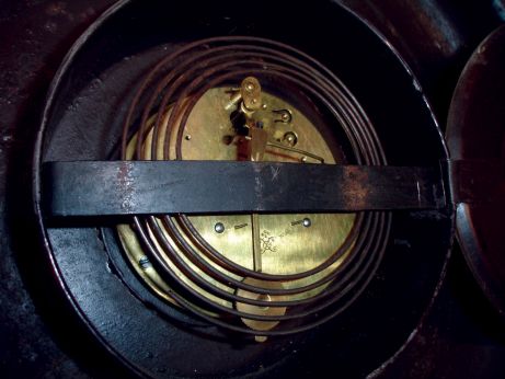 French pressed iron multicolor painted, 8 days, time and strike, wall clock with Japy Freres tic-tac movement, c1910
