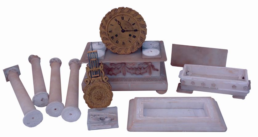 France, portico clock, the alabaster case with applied, carved ornament, columns with carved capitals, gilt brass bezel and dial, ornate gridiron style pendulum, 8 days, time and strike movement, c1830