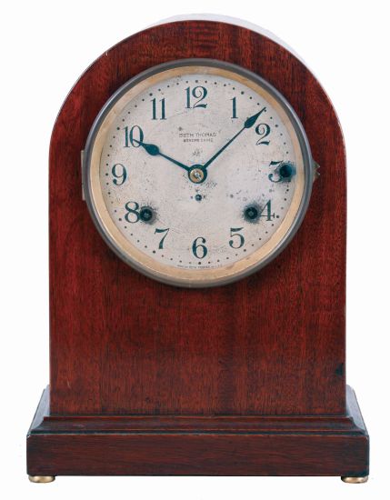 Seth Thomas Clock Co., Thomaston, Conn., "Sonora Chime Clock No. 11" in a mahogany case with a spring driven, 8 days, time and quarter hour strike movement with a 5 bell Sonora chime unit, c1911.