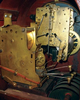 Seth Thomas Clock Co., Thomaston, Conn., "Sonora Chime Clock No. 11" in a mahogany case with a spring driven, 8 days, time and quarter hour strike movement with a 5 bell Sonora chime unit, c1911.