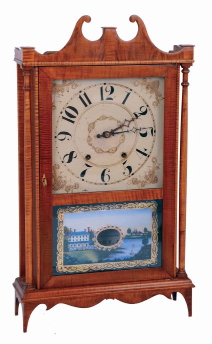 American, 30 hour, time and strike, weight wood movement in curly maple pillar & scroll case.