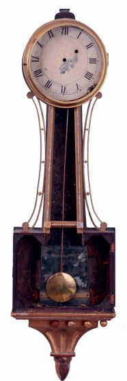 Massachusetts banjo case in need of restoration with an 8 days, weight driven brass movement, c1830.