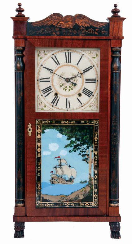 Boardman & Wells, Bristol, Conn., 30 hours, time and strike, weight driven wood movement, half column & splat shelf clock with paw feet, c1832