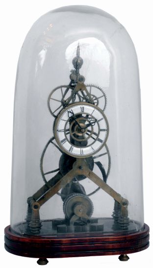 Reproduction skeleton clock, Chinese, brass framed chain fusee movement with large wheels, recoil escapement, Roman numeral white enamel dial, pierced steel hands, on a wooden base with brass feet, and under a glass dome, c.2000