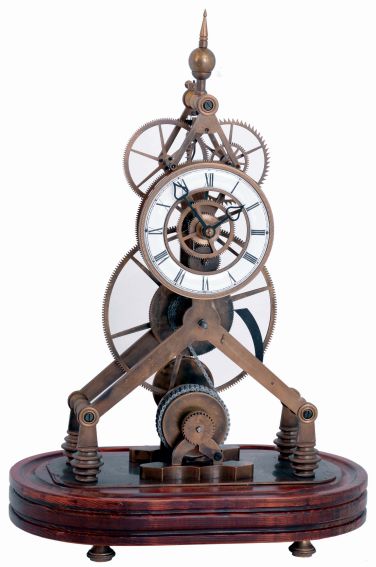 Reproduction skeleton clock, Chinese, brass framed chain fusee movement with large wheels, recoil escapement, Roman numeral white enamel dial, pierced steel hands, on a wooden base with brass feet, and under a glass dome, c.2000