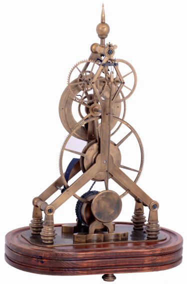 Reproduction skeleton clock, Chinese, brass framed chain fusee movement with large wheels, recoil escapement, Roman numeral white enamel dial, pierced steel hands, on a wooden base with brass feet, and under a glass dome, c.2000