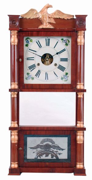Birge & Fuller, Bristol Conn., Triple Decker mahogany case shelf clock with gilt column caps, eagle splat and a weight driven, 8 day, time and strike, strap brass movement, c1846.