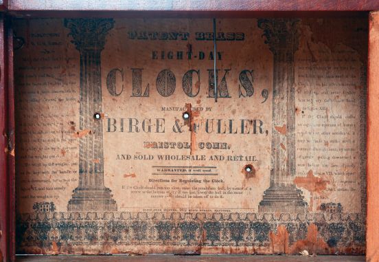 Birge & Fuller, Bristol Conn., Triple Decker mahogany case shelf clock with gilt column caps, eagle splat and a weight driven, 8 day, time and strike, strap brass movement, c1846.