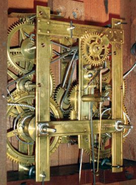 Birge & Fuller, Bristol Conn., Triple Decker mahogany case shelf clock with gilt column caps, eagle splat and a weight driven, 8 day, time and strike, strap brass movement, c1846.