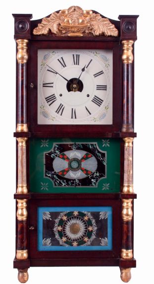 Birge, Peck & Co., Bristol, Conn., triple decker shelf clock with a mahogany case, gilt column caps, splat and front feet with a weight driven, 8 day, time and strike, strap brass movement, c1850.