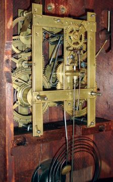 Birge, Peck & Co., Bristol, Conn., triple decker shelf clock with a mahogany case, gilt column caps, splat and front feet with a weight driven, 8 day, time and strike, strap brass movement, c1850.