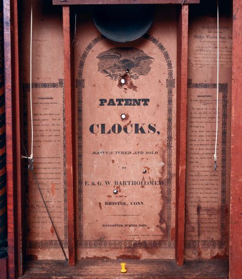 E. & G. W. Bartholomew, Bristol, Conn., shelf clock, mahogany case with unusual striped stenciled columns and a weight driven, 30 hours, time and strike wooden movement, c1832.