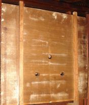 E. & G. W. Bartholomew, Bristol, Conn., shelf clock, mahogany case with unusual striped stenciled columns and a weight driven, 30 hours, time and strike wooden movement, c1832.