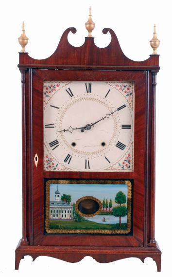 Bishop & Bradley, Watertown, Conn., 30 hours, time and strike, weight driven, wood movement pillar & scroll shelf clock, c1830