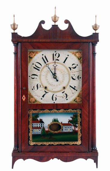 Seth Thomas Clock Co., Plymouth Hollow, Conn., 30 hours, time and strike, weight driven wood movement pillar & scroll shelf clock with alterations, c1830