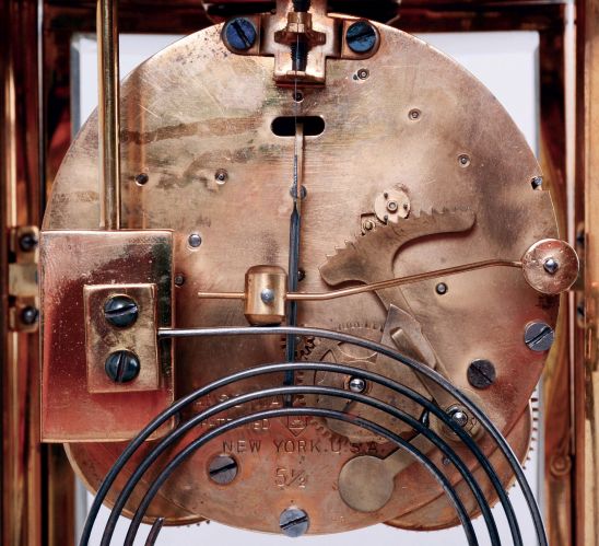 Ansonia Clock Co., Ansonia, Conn., "Regis", 8 days, time and strike, spring brass movement crystal regulator shelf clock, c1914