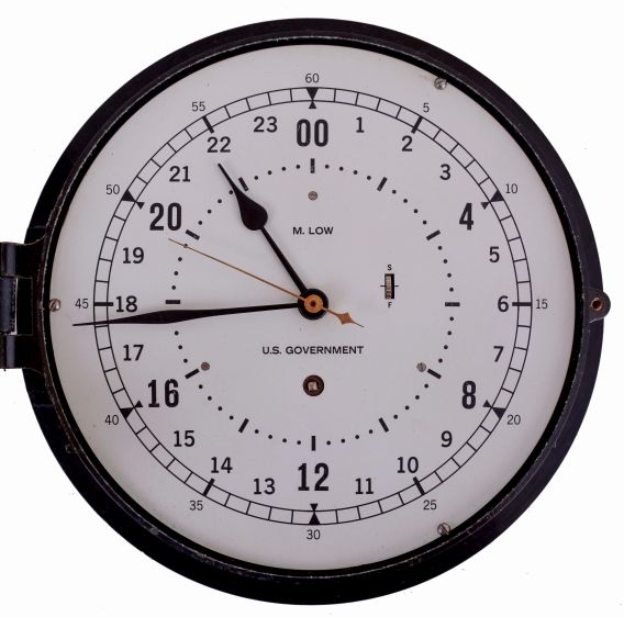 Chelsea Clock Co., Boston, Mass., 8 days, brass spring lever movement deck or engine room timepiece. Dial is marked: "M. Low, New York" on the case back and the movement that looks to be nickel plated. serial #931969