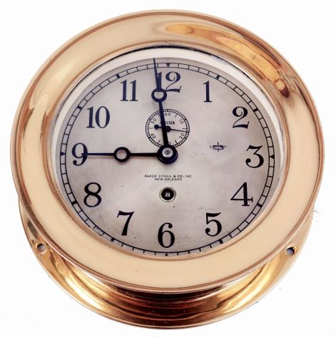 Chelsea Clock Co., Boston, Mass., 8 days, spring brass movement ward room wall timepiece retailed by Baker Lyman & Co., Inc., New Orleans. serial #722440, c1968
