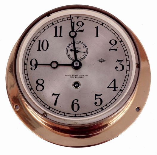 Chelsea Clock Co., Boston, Mass., 8 days, spring brass movement ward room wall timepiece retailed by Baker Lyman & Co., Inc., New Orleans. serial #722440, c1968