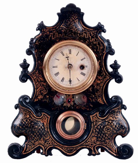 American Clock Co., 3 Cortlandt St., New York, iron front shelf clock with gilt decor, with a spring driven, 30 hours, timepiece movement, c1855.