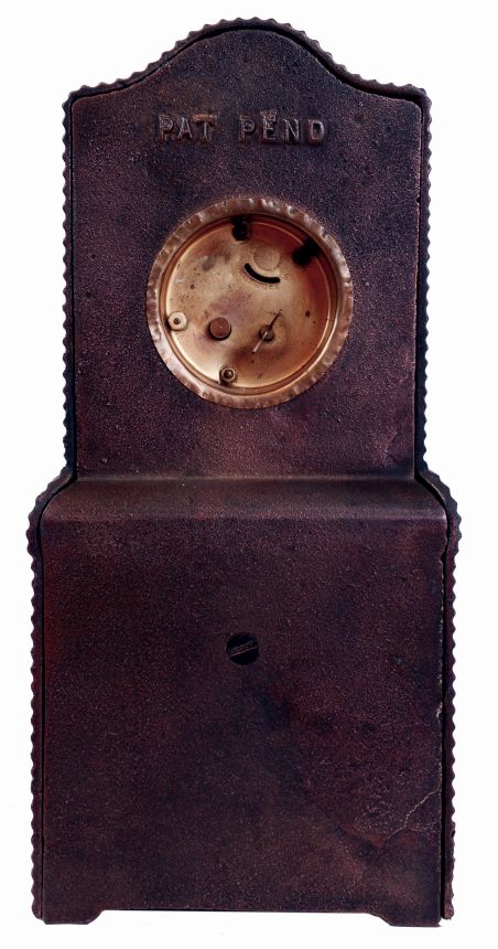 Ansonia Clock Co., New York, NY, "Harmony" novelty clock with two tune music box in base, bronze finished cast iron case, the base with a harpist in a landscape, the upper section with Arabic numeral dial marked "Harmony", with flanking putti and lyre, also with busts of Wagner and Beethoven, 30 hours, timepiece movement, c1900