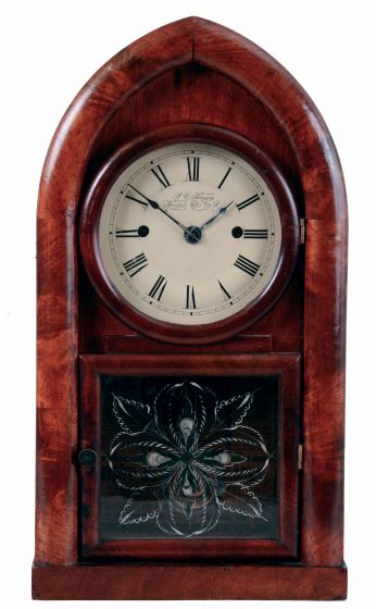 Forestville Manufacturing Co., J. C. Brown, Bristol. Conn. Beehive shelf clock in a mahogany veneered case with a spring driven, 8 days, fusee, time and strike movement, c1848.