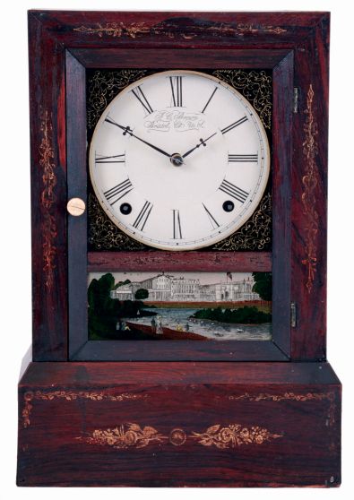 Forestville Manufacturing Co., J. C. Brown, Bristol. Conn. Cottage shelf clock in a rosewood veneered case with gilt decoration and a spring driven, 8 days, time and strike movement, c1850.