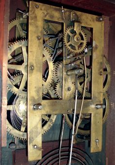 Forestville Manufacturing Co., J. C. Brown, Bristol. Conn. Cottage shelf clock in a rosewood veneered case with gilt decoration and a spring driven, 8 days, time and strike movement, c1850.