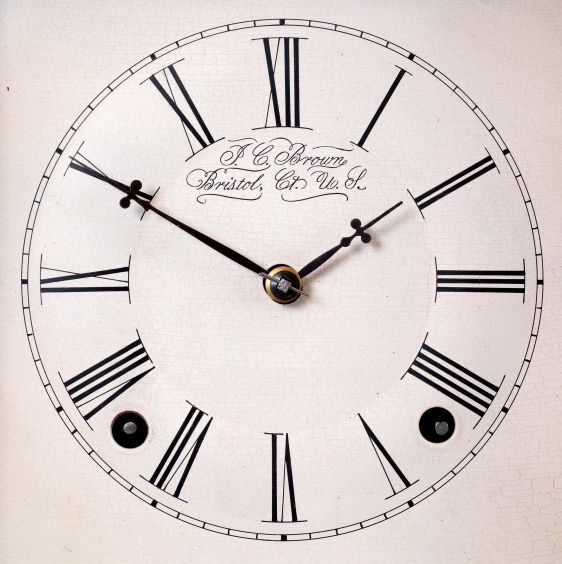 Forestville Manufacturing Co., J. C. Brown, Bristol. Conn. Cottage shelf clock in a rosewood veneered case with gilt decoration and a spring driven, 8 days, time and strike movement, c1850.