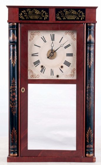 Henry Terry & Co., Plymouth, Conn., 30 hours, time, strike and alarm, weight driven wood movement shelf clock, c1833