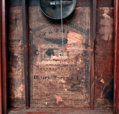 Henry Terry & Co., Plymouth, Conn., 30 hours, time, strike and alarm, weight driven wood movement shelf clock, c1833