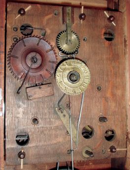 Henry Terry & Co., Plymouth, Conn., 30 hours, time, strike and alarm, weight driven wood movement shelf clock, c1833
