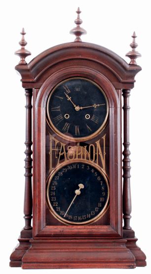 Southern Calendar Clock Co., Saint Louis, MO, "Fashion No. 9" calendar shelf clock in a walnut case with a spring driven, 8 days, time and strike movement (New Haven Clock Co.), c1885.
