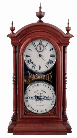 Southern Calendar Clock Co., Saint Louis, MO, "Fashion No. 4" calendar shelf clock in a walnut case with a spring driven, 8 day, time and strike movement (Seth Thomas) and a R. T. Andrews 1876 patent calendar mechanism (Seth Thomas), c1885.