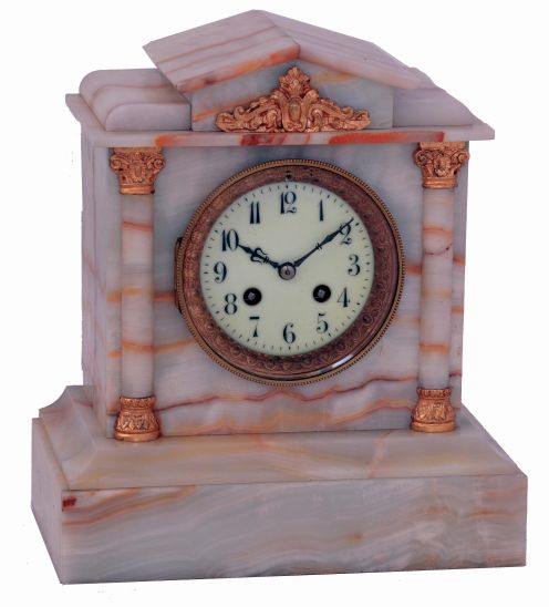 French 8 days, time and strike, mantel clock, S. Marti "Medaille de Bronze" movement in onyx architectural case, c1890