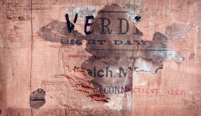 E. N. Welch Mfg. Co., Forestville, Conn., 8 days, time and strike, spring driven brass movement "Verdi" model wall clock, c1878