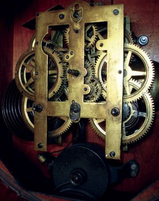 E. N. Welch Mfg. Co., Forestville, Conn., 8 days, time and strike, spring driven brass movement "Verdi" model wall clock, c1878